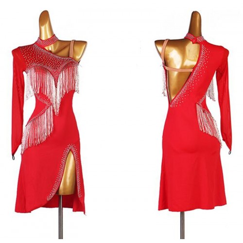 Women red fringed diamond competition latin dresses  for girls inclined shoulder one sleeves stage performance latin dance outfits salsa rumba chacha dance dress